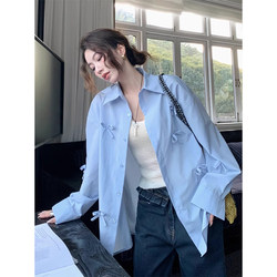 French-Style Bow Tie Blue Shirt Thin Jacket for Women, Spring 2026 New Loose Design Stylish Shirt Top