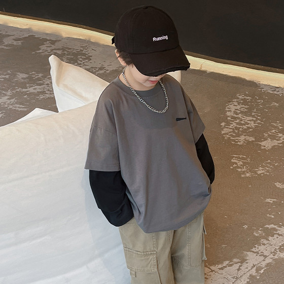 Early autumn Children's clothes Boys Boys Cotton Cotton Fake Two T -shirts Mid -Big Boys Boys Spring and Autumn long -sleeved bottoming shirt
