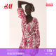 HM women's floral dress summer French loose round neck printed lantern long sleeve lace-up skirt 1217790