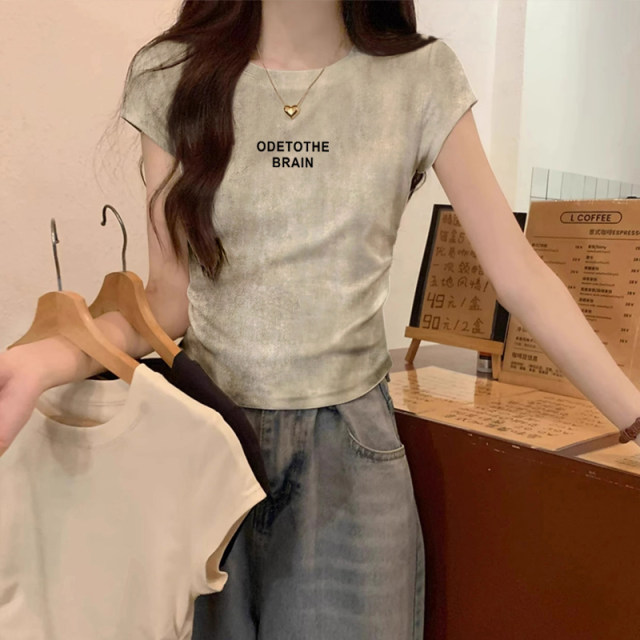 American style front shoulder tie-dyed chic short-sleeved T-shirt for women 2025 summer new design waist-hugging slim short top
