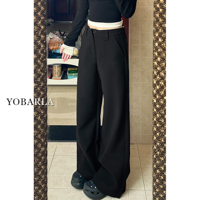 Black wide-leg suit pants for women in summer thin large size fat mm loose slim pear-shaped body casual straight-leg pants
