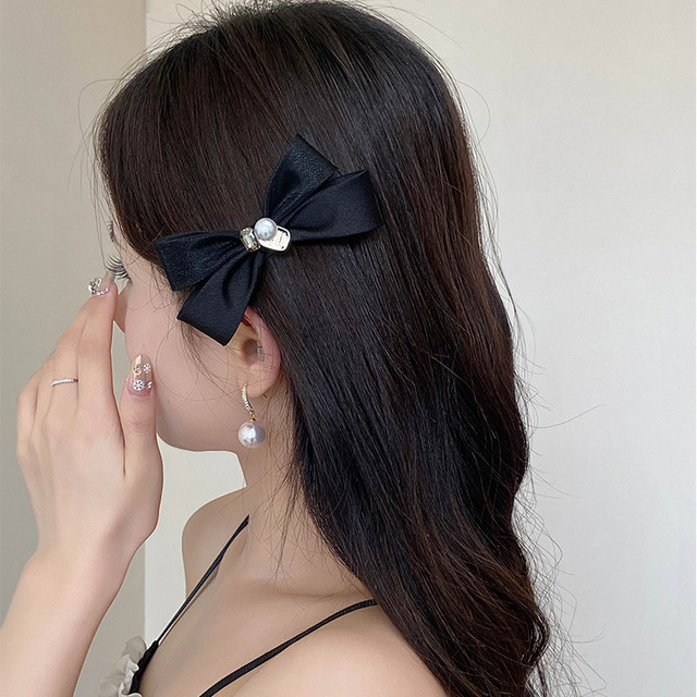 Black bow spring clip hairpin elegant temperament half-tied hairpin ...