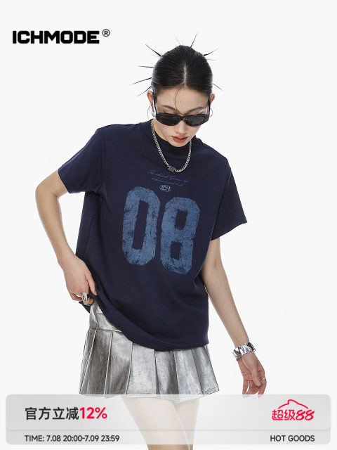 ICH MODE American slim-fitting shoulder short-sleeved T-shirt for women 2025 summer new printed half-sleeved sports top