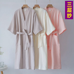 Spring and summer thin pure cotton double layer gauze men and women bathrobes large size water absorbent couple solid color full cotton nightgown home clothes
