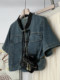 Niche new Chinese style retro tandem stand collar short sleeve denim shirt loose small shirt women