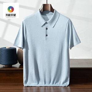 Summer mulberry silk men's thin knitted short -sleeved T -shirt POLO collar business casual cashmere half -sleeved sweater
