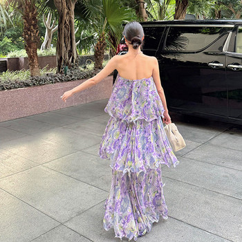 ຫນຶ່ງ shoulder sleeveless tube ເທິງ dress ruffled ວ່າງ skirt ພັກຍາວ skirt ການເດີນທາງຖ່າຍຮູບໃສ່