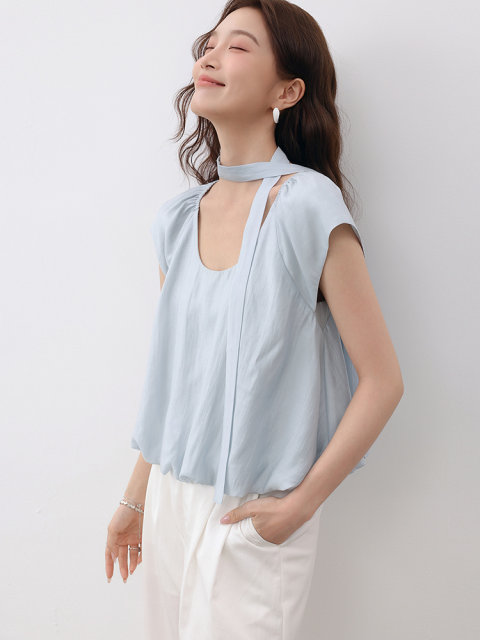 Aike French shirt women's top 2025 summer fresh sweet and simple solid color loose short puff sleeve shirt
