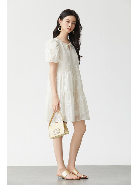 Aike puff sleeve dress 2024 summer French sweet bow with flowers jacquard waist-hugging A-line skirt