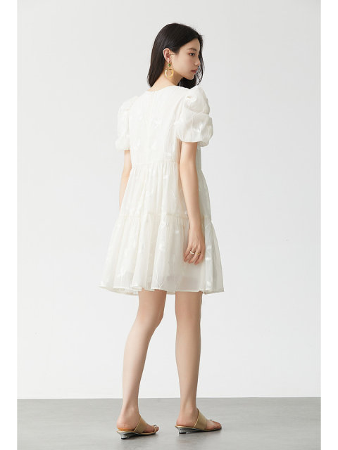 Aike puff sleeve dress 2024 summer French sweet bow with flowers jacquard waist-hugging A-line skirt