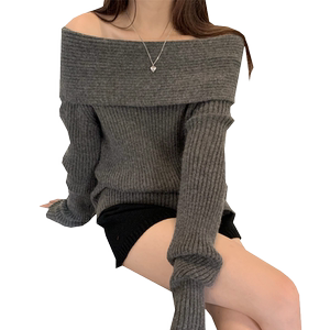 One word collar off -the -shoulder clavicle sweater female spring, autumn and winter, foreign style, fashionable, long -sleeved bottom sweater top
