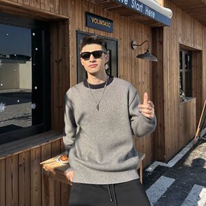 
High-end contrasting color handmade topstitched round neck sweater for men, fashion heavy atmosphere couple sweater autumn and winter sweater