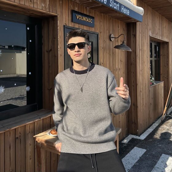 
High-end contrasting color handmade topstitched round neck sweater for men, fashion heavy atmosphere couple sweater autumn and winter sweater
