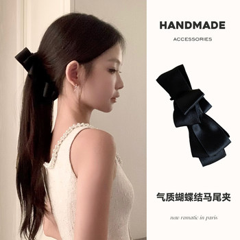 Retro satin bow banana hair clip back of head high ponytail twist vertical hair clip claw high hair feel accessories