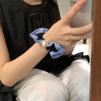 
Wisdom girlfriend! Blue striped lace pearl small intestine ring hair rope exquisite bow hair loop head rope tie hair rope