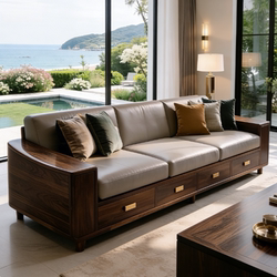 New Chinese-Style Solid Wood Sofa, Modern and Simple, Three-Seater, Black Walnut Wood, Light Luxury, Genuine Leather, Straight-Row Storage Sofa for the Living Room