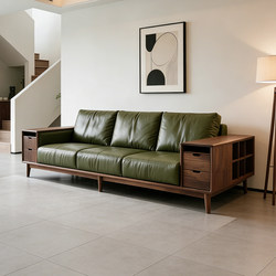 Nordic Solid Wood Sofa Modern Minimalist Storage Sofa Living Room Black Walnut Storage Side Cabinet Three-Seater