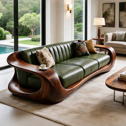 New Chinese-Style Solid Wood Sofa for Living Room, Light Luxury, Modern and High-End, Black Walnut Leisure Large-Sized Leather Sofa