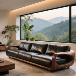 New Chinese-Style Black Walnut Leather Sofa with Three Seats, Mortise and Tenon Structure, Living Room Furniture