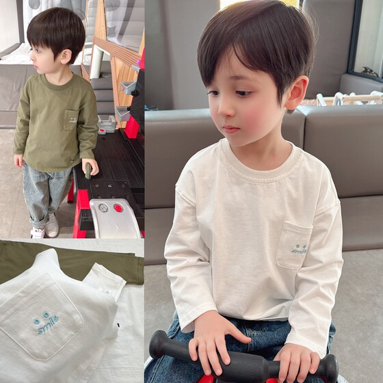
Simple and versatile ~ boys' pocket embroidered long-sleeved T-shirts, autumn children's clothing, spring and autumn round neck tops, bottoming shirts for children