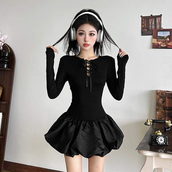 Griffin girl sweet and cool girly lace-up hollow round neck long sleeve dress for women slim high waist bud short skirt
