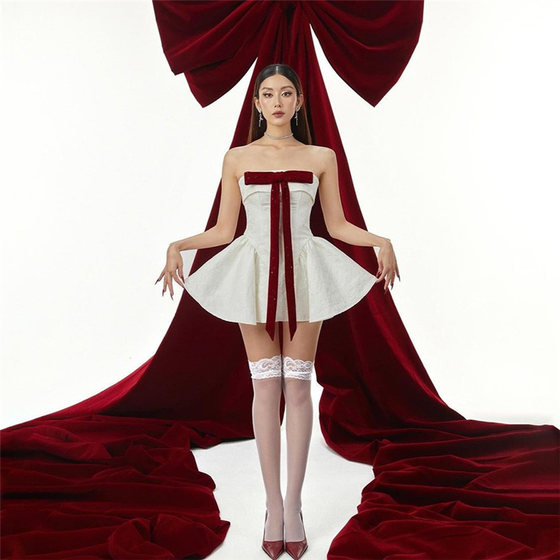 
Griffin girl, elegant girlish age-reducing bow strapless dress for women, contrasting color high waist A-line short skirt