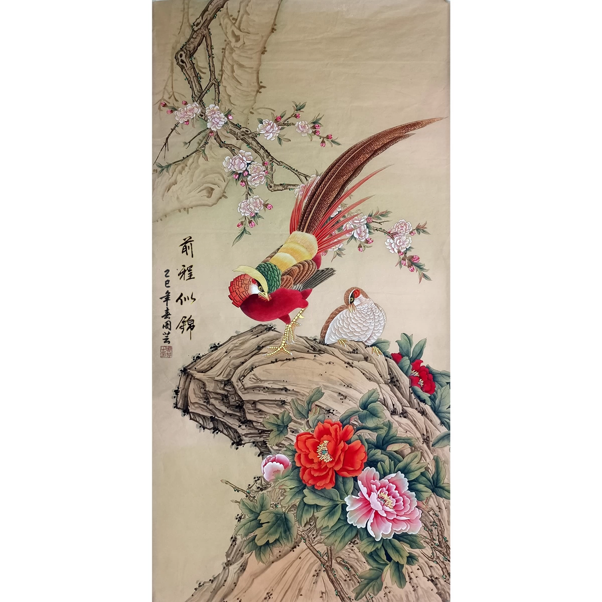 国画成品工笔画四尺横幅牡丹花鸟画纯手绘真迹画芯未裱无款水墨