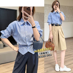 Liang Xiao Liang Miu Series Striped Shirt [Double Version] Wrinkle-Resistant, No-Iron, Quality Design, Waist-Cinching, High-Waisted Shirt