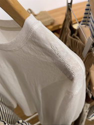 White Pure Cotton Long-Sleeve T-Shirt for Women, 2025 Autumn and Winter New Style, Loose Fit, Letter Embroidery, Basic Round Neck Top