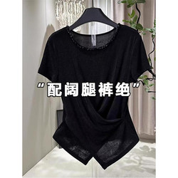 European Style Irregular Black Short-Sleeve T-Shirt 2025 Summer Design with Waist-Cinching, Slimming, Fashionable Rhinestone Embellishment Top