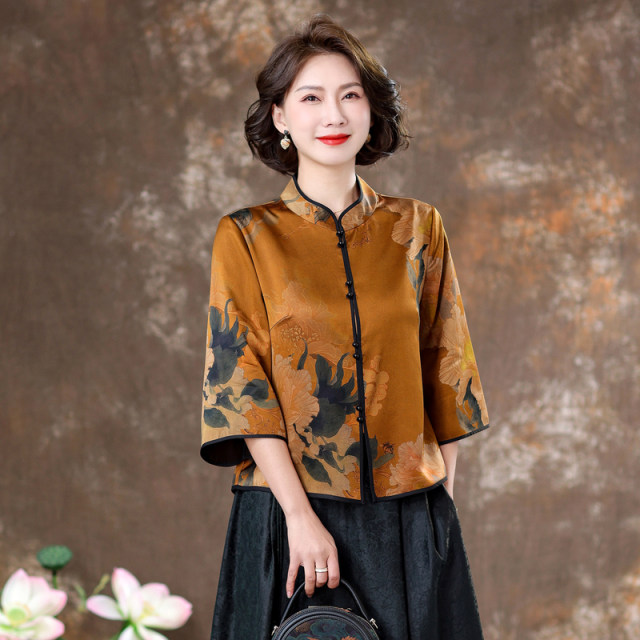 Lady Gui mulberry silk fragrance cloud yarn top new Chinese style women's retro satin jacquard stand collar silk jacket
