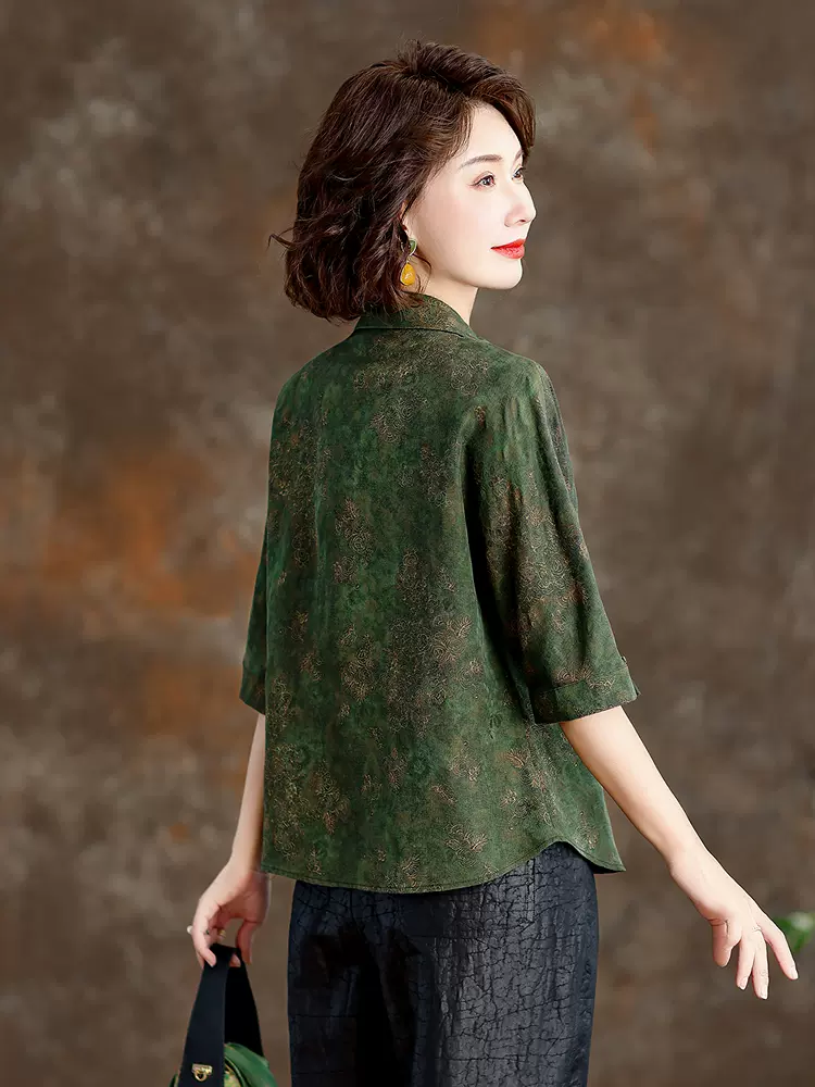中老年真丝小衫100%桑蚕丝花罗短款香云纱上衣女妈妈装复古衬衫