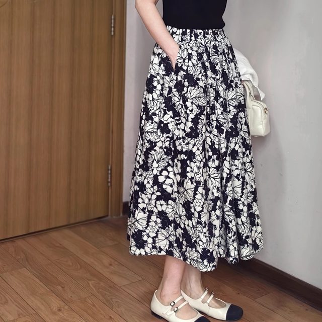 Black and white intellectual printed large skirt retro pocket single layer puffy skirt spring and summer design elastic waist
