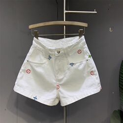 White Embroidered Design Denim Shorts for Women, Summer High-Waisted Fashion Versatile Casual Wide-Leg A-Line Hot Pants
