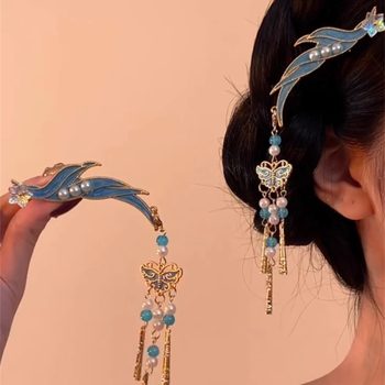 
New Chinese Style Cloisonné National Style Butterfly Tassel Hair Clip for Women