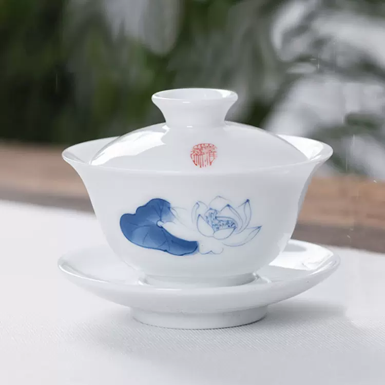 甜白瓷蓋碗泡茶碗茶具茶杯陶瓷大號三才茶蓋碗單個青花瓷
