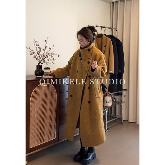 2025 Long Hair Stand up Collar Double sided Cashmere Coat Autumn/Winter New Women's Loose Luxury Medium length Woolen Coat