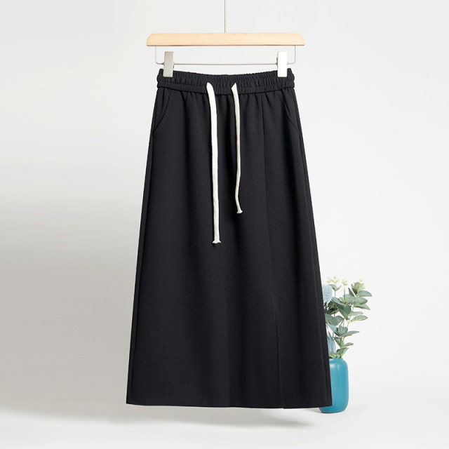 Sweatshirt skirt women's autumn 2025 new lace-up high waist elastic casual one-step long skirt slit straight skirt