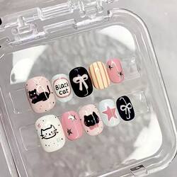 Black Cat Cartoon Cat-Eye Press-On Nails, Short Style, Gentle Wear, Brightening, High-End Summer Internet Celebrity Nail Art, Cute and Detachable