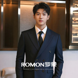 Romon Autumn Double-Breasted Suit Set for Men, Art Exam Host, Business Formal Wear, Groom Wedding Suit, Slim Fit Suit