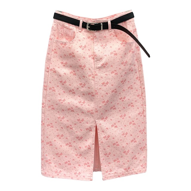 Korean version of pink printed denim skirt for women 2025 summer new fashionable age-reducing high waist mid-length hip-covering skirt