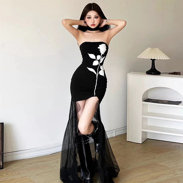 instahot printed strapless mesh skirt and hem dress for women 2024 autumn new spliced ​​hot girl long skirt for women