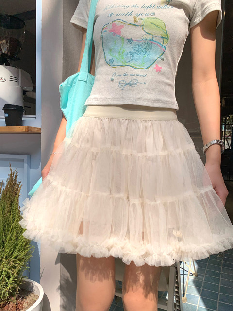 CCKOK Creamy apricot puffy gauze skirt short skirt summer age-reducing versatile pure a-line skirt