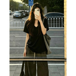 Women's Summer Korean-Style Loose-Fitting Slimming Short-Sleeve V-Neck Pure Cotton T-Shirt, Black Simple Versatile Top