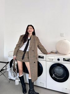 
[40% off clearance] Retro plaid miu style herringbone loose wool suit coat mid-length woolen skirt