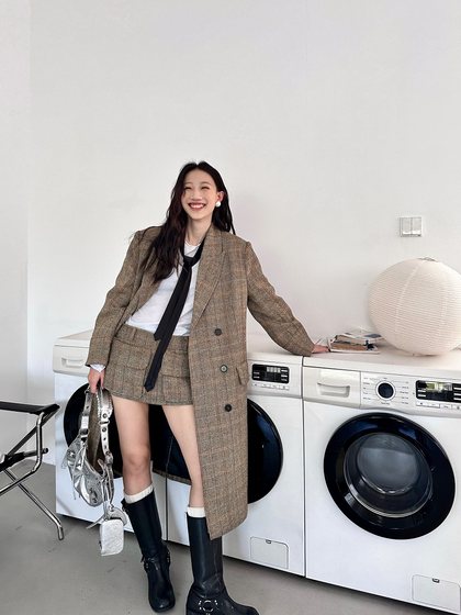 
[40% off clearance] Retro plaid miu style herringbone loose wool suit coat mid-length woolen skirt