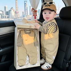 Baby Overalls Set for Boys and Girls, Two-Piece Spring and Autumn Outfit, Stylish Striped Jumpsuit for Children's Outings in Spring