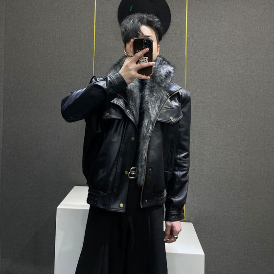 
Lulu/2026 black fur collar leather jacket for men, motorcycle style short lapel leather jacket, handsome mountain carving jacket