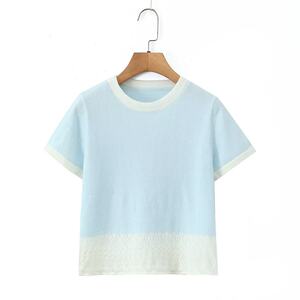 
ZA women's new summer style fashionable and simple college contrasting color round neck hollow short-sleeved pullover sweater