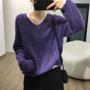 
Fine rice custom-made wool variegated dotted yarn V-neck lazy style pullover sweater Korean loose knitted sweater top